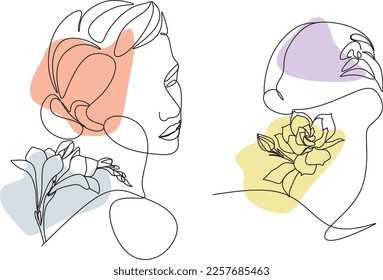 Abstract face with flowers by one line vector drawing. Portrait minimalistic style. Botanical print. Nature symbol of cosmetics. Modern continuous line art. Fashion print. Beaty salon logo.