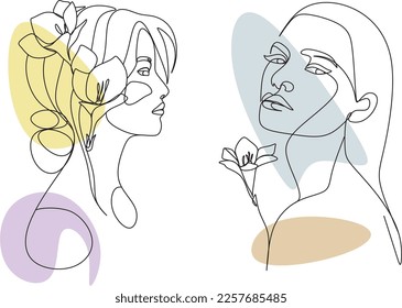 One line drawing. Set of abstract beautiful girl with flower and leaf in  long hair. Decorative female beauty icon with floral pattern. Natural  cosmetic concept. Vector illustration Stock Vector