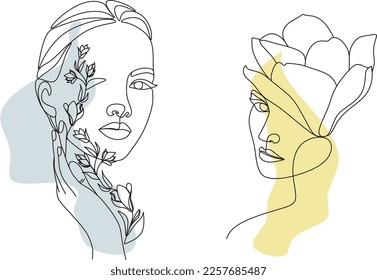 Abstract face with flowers by one line vector drawing. Portrait minimalistic style. Botanical print. Nature symbol of cosmetics. Modern continuous line art. Fashion print. Beaty salon logo.