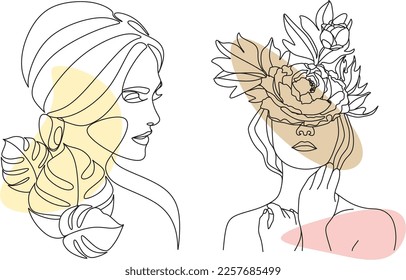 Abstract face with flowers by one line vector drawing. Portrait minimalistic style. Botanical print. Nature symbol of cosmetics. Modern continuous line art. Fashion print. Beaty salon logo.