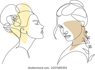 Abstract face with flowers by one line vector drawing. Portrait minimalistic style. Botanical print. Nature symbol of cosmetics. Modern continuous line art. Fashion print. Beaty salon logo.