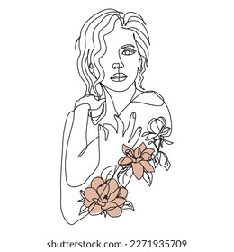  Abstract face with flowers  by one line drawing.Woman face with flowers one line art.