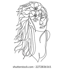 Abstract face with flowers by one line vector drawing.