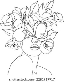 Cara abstracta con flores por dibujo vectorial de una línea. Retrato de estilo minimalista. Huella botánica. Símbolo natural de los cosméticos. Moderna línea de arte. Impresión de moda. Logo de Beaty Salon.