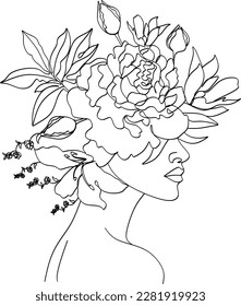 Abstract face with flowers by one line vector drawing. Portrait minimalistic style. Botanical print. Nature symbol of cosmetics. Modern continuous line art. Fashion print. Beaty salon logo.