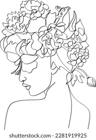 Abstract face with flowers by one line vector drawing. Portrait minimalistic style. Botanical print. Nature symbol of cosmetics. Modern continuous line art. Fashion print. Beaty salon logo.