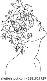 Abstract face with flowers by one line vector drawing. Portrait minimalistic style. Botanical print. Nature symbol of cosmetics. Modern continuous line art. Fashion print. Beaty salon logo.