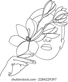 Abstract face with flowers by one line vector drawing. Portrait minimalistic style. Botanical print. Nature symbol of cosmetics. Modern continuous line art. Fashion print. Beaty salon logo.