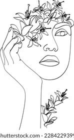 Cara abstracta con flores por dibujo vectorial de una línea. Retrato de estilo minimalista. Huella botánica. Símbolo natural de los cosméticos. Moderna línea de arte. Impresión de moda. Logo de Beaty Salon.
