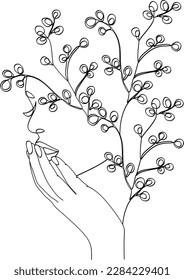 Abstract face with flowers by one line vector drawing. Portrait minimalistic style. Botanical print. Nature symbol of cosmetics. Modern continuous line art. Fashion print. Beaty salon logo.