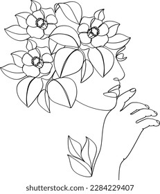 Abstract face with flowers by one line vector drawing. Portrait minimalistic style. Botanical print. Nature symbol of cosmetics. Modern continuous line art. Fashion print. Beaty salon logo.