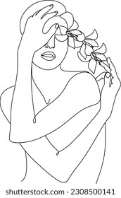Abstraktes Gesicht mit Blumen durch eine Linie, Vektorgrafik. Portrait minimalistischer Stil. Botanischer Ausdruck. Natursymbol von Kosmetika. Moderne, durchgehende Linienkunst. Modedruck. Beaty Salon Logo.