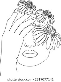 Abstract face with flowers by one line vector drawing. Portrait minimalistic style. Botanical print. Nature symbol of cosmetics. Modern continuous line art. Fashion print. Beaty salon logo.