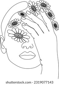Abstract face with flowers by one line vector drawing. Portrait minimalistic style. Botanical print. Nature symbol of cosmetics. Modern continuous line art. Fashion print. Beaty salon logo.