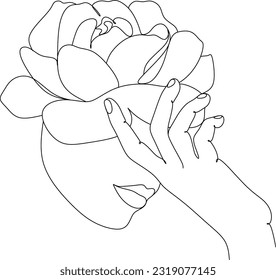 Abstract face with flowers by one line vector drawing. Portrait minimalistic style. Botanical print. Nature symbol of cosmetics. Modern continuous line art. Fashion print. Beaty salon logo.