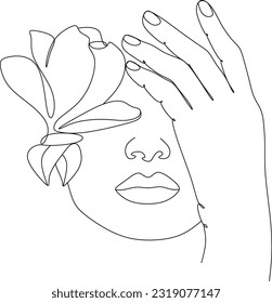 Abstract face with flowers by one line vector drawing. Portrait minimalistic style. Botanical print. Nature symbol of cosmetics. Modern continuous line art. Fashion print. Beaty salon logo.
