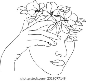 Cara abstracta con flores por dibujo vectorial de una línea. Retrato de estilo minimalista. Huella botánica. Símbolo natural de los cosméticos. Moderna línea de arte. Impresión de moda. Logo de Beaty Salon.