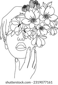 Abstract face with flowers by one line vector drawing. Portrait minimalistic style. Botanical print. Nature symbol of cosmetics. Modern continuous line art. Fashion print. Beaty salon logo.