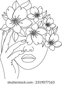 Abstract face with flowers by one line vector drawing. Portrait minimalistic style. Botanical print. Nature symbol of cosmetics. Modern continuous line art. Fashion print. Beaty salon logo.