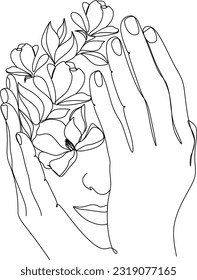 Abstract face with flowers by one line vector drawing. Portrait minimalistic style. Botanical print. Nature symbol of cosmetics. Modern continuous line art. Fashion print. Beaty salon logo.