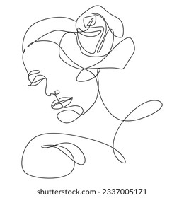 Abstract face with flowers  by one line drawing.Vector.