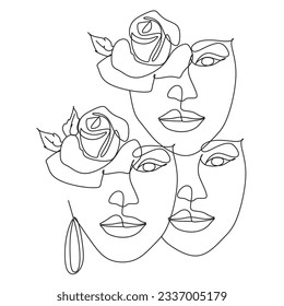 Abstract face with flowers  by one line drawing.Vector.