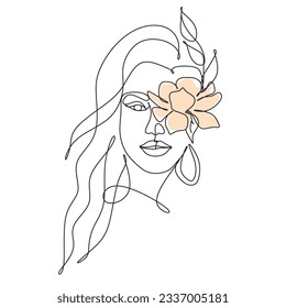 Abstract face with flowers  by one line drawing.Vector.