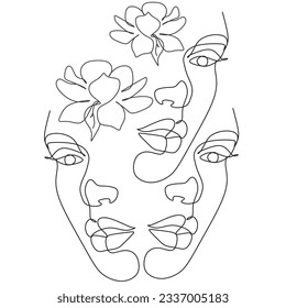 Abstract face with flowers  by one line drawing.Vector.