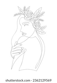 Abstract face with flowers by one line on white background vector drawing. Portrait minimalistic style. Botanical print. Nature symbol of cosmetics. Modern continuous line art. Beaty salon logo.