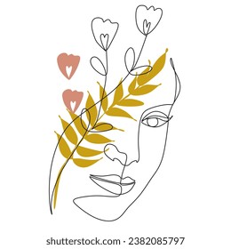  Abstract face with flowers  by one line drawing. Vector art.