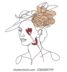  Abstract face with flowers  by one line drawing. Vector art.