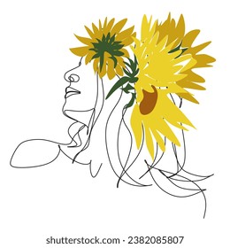  Resumen de la cara con flores en un dibujo de una línea. Arte vectorial.