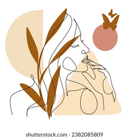  Resumen de la cara con flores en un dibujo de una línea. Arte vectorial.