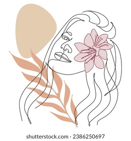  Resumen de la cara con flores en un dibujo de una línea. Arte vectorial.