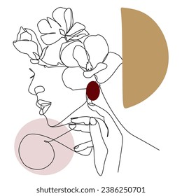  Resumen de la cara con flores en un dibujo de una línea. Arte vectorial.