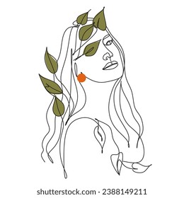 Resumen de la cara con flores en un dibujo de una línea. Arte vectorial.