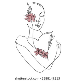 Abstract face with flowers  by one line drawing. Vector art.