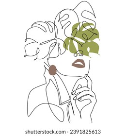 Abstract face with flowers  by one line drawing. Vector art.