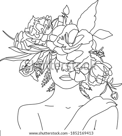 Abstract face with flowers by one line vector drawing. Portrait minimalistic style. Botanical print. Nature symbol of cosmetics. Modern continuous line art. Fashion print. Beaty salon logo.