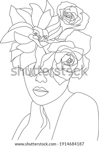 Abstract face with flowers by one line vector drawing. Portrait minimalistic style. Botanical print. Nature symbol of cosmetics. Modern continuous line art. Fashion print. Beaty salon logo.