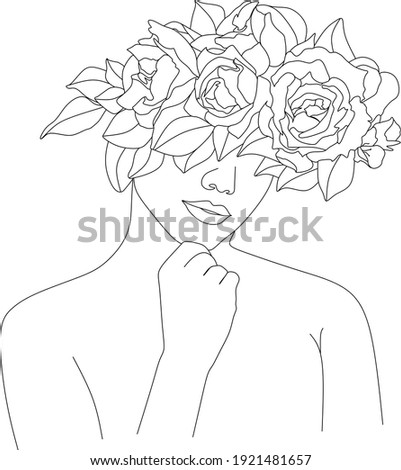 Abstract face with flowers by one line vector drawing. Portrait minimalistic style. Botanical print. Nature symbol of cosmetics. Modern continuous line art. Fashion print. Beaty salon logo.
