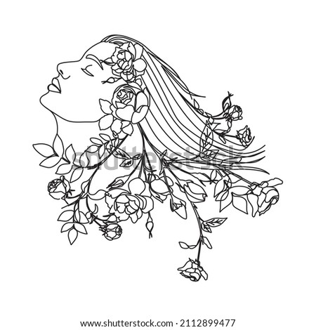 Abstract face with flowers by one line vector drawing. Portrait minimalistic style. Botanical print. Nature symbol of cosmetics. Modern continuous line art. Fashion print. Beaty salon logo.