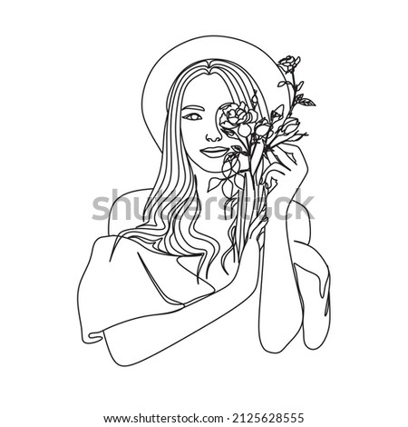Abstract face with flowers by one line vector drawing. Portrait minimalistic style. Botanical print. Nature symbol of cosmetics. Modern continuous line art. Fashion print. Beaty salon logo.