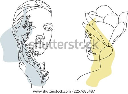 Abstract face with flowers by one line vector drawing. Portrait minimalistic style. Botanical print. Nature symbol of cosmetics. Modern continuous line art. Fashion print. Beaty salon logo.