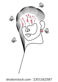Abstraktes Gesicht mit Blumen, die darauf wachsen, und mit Schmetterlingen, die in minimaler Einzeilenkunst herumfliegen