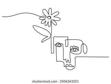 Abstract face with flowers in hair, line art drawing. Minimalist single line face design with floral elements, continuous vector illustration.