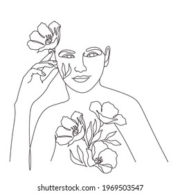 Abstract face with flowers, line drawing. Portrait minimalistic style.  Botanical print. Nature symbol of cosmetics. Modern continuous line art. 
Fashion print. Beaty salon art