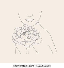 Cara abstracta con flores, dibujo de líneas. Retrato de estilo minimalista.  Huella botánica. Símbolo natural de los cosméticos. Moderna línea de arte. 
Impresión de moda. Arte de salón de belleza