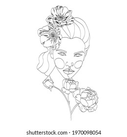 Abstract face with flowers, line drawing. Portrait minimalistic style. Botanical print. Nature symbol of cosmetics. Modern continuous line art. Fashion print. Beaty salon art

