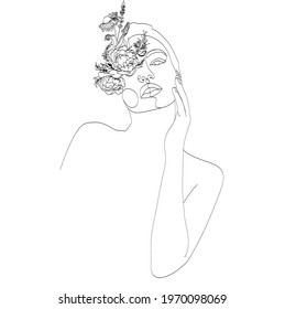 Abstract face with flowers, line drawing. Portrait minimalistic style. Botanical print. Nature symbol of cosmetics. Modern continuous line art. Fashion print. Beaty salon art
